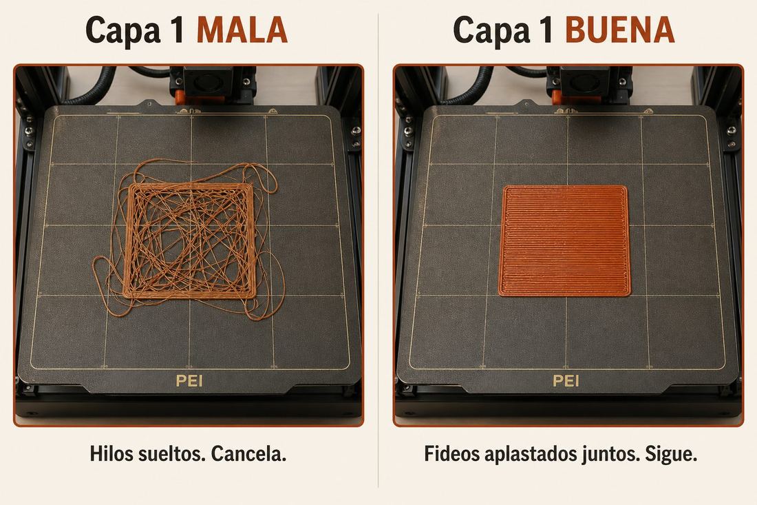 Comparación de primera capa mala con hilos sueltos y primera capa buena aplastada